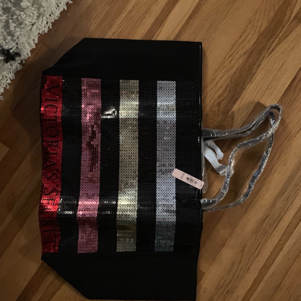 Victoria's Secret Black Sequin Stripe Tote - Pink & Gold Accent - Picture 11 of 12